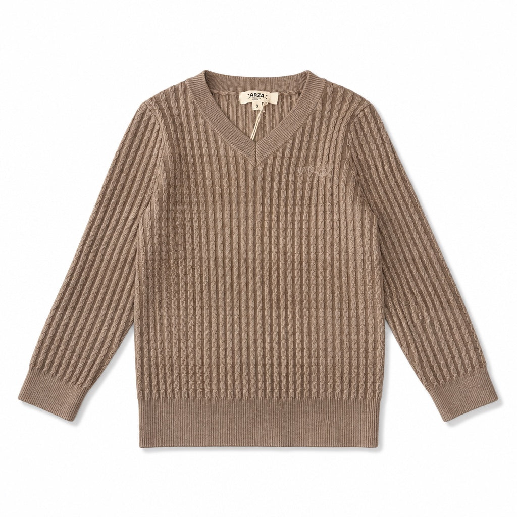 Arza Taupe Cable V Neck Sweater