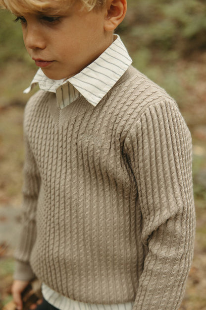 Arza Taupe Cable V Neck Sweater